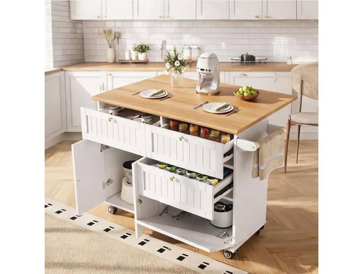 Îlot de cuisine multifonction avec table extensible finition blanc et MDF effet bois design scandinave