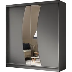 KLEIDERSCHRANK mit Spiegel-Schiebetüren und Aluminium-Leisten, LED-Beleuchtung (- VOXI - 200 cm Grau