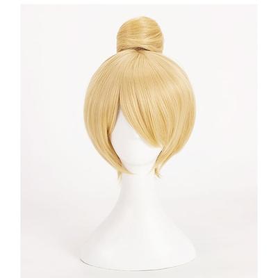 Tinker Bell Perücke Fee Tinker Bell Tinkerbell Cosplay Perücken Kurzes Blondhaar mit Dutt Hitzebeständige Synthetikhaar Perücke Halloween Perücken