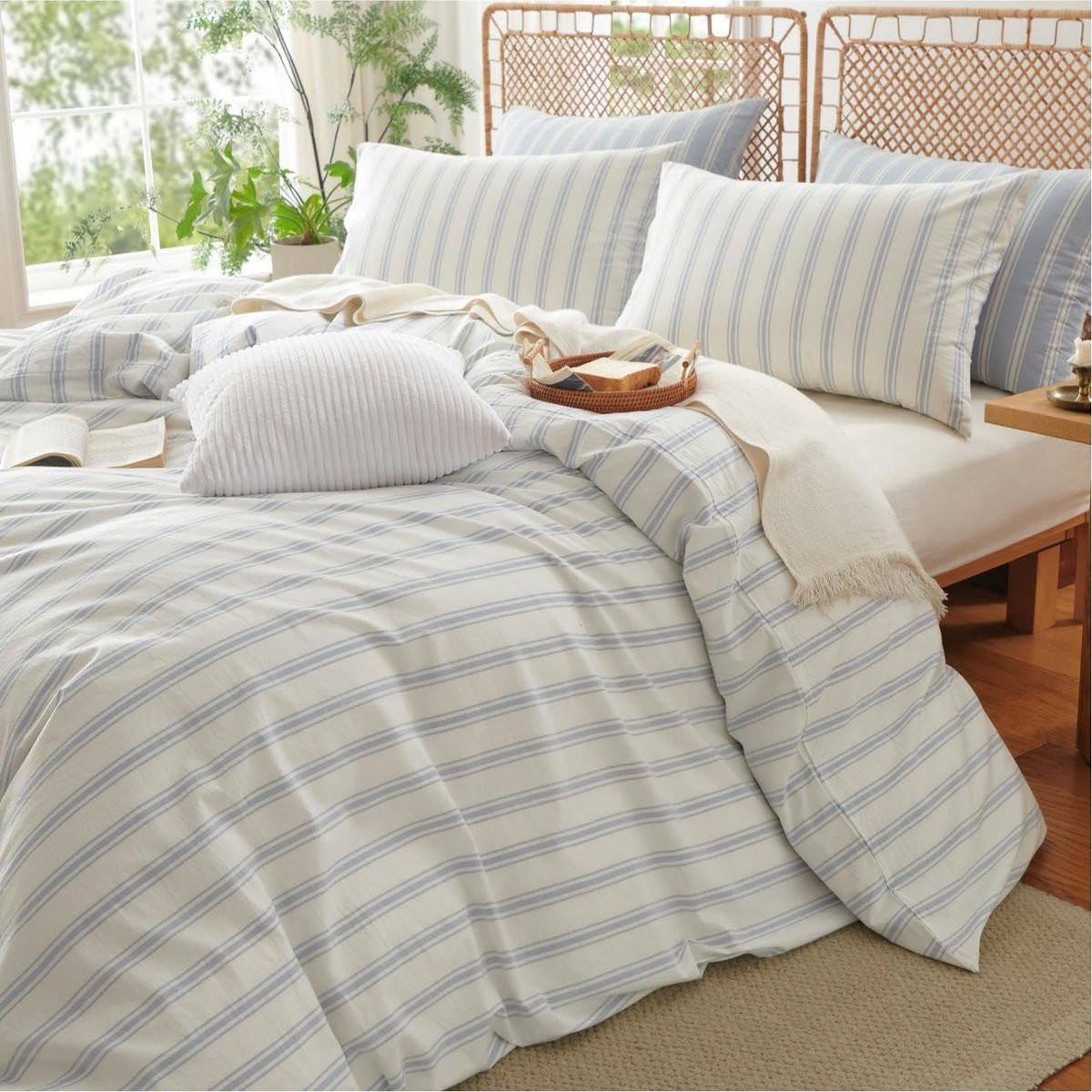 SnelShoppen Beddegoed Set 100% Katoen Gestreept Wit Blauw met Dekbedovertrek en 2 Hoofdkussens 200x200 cm