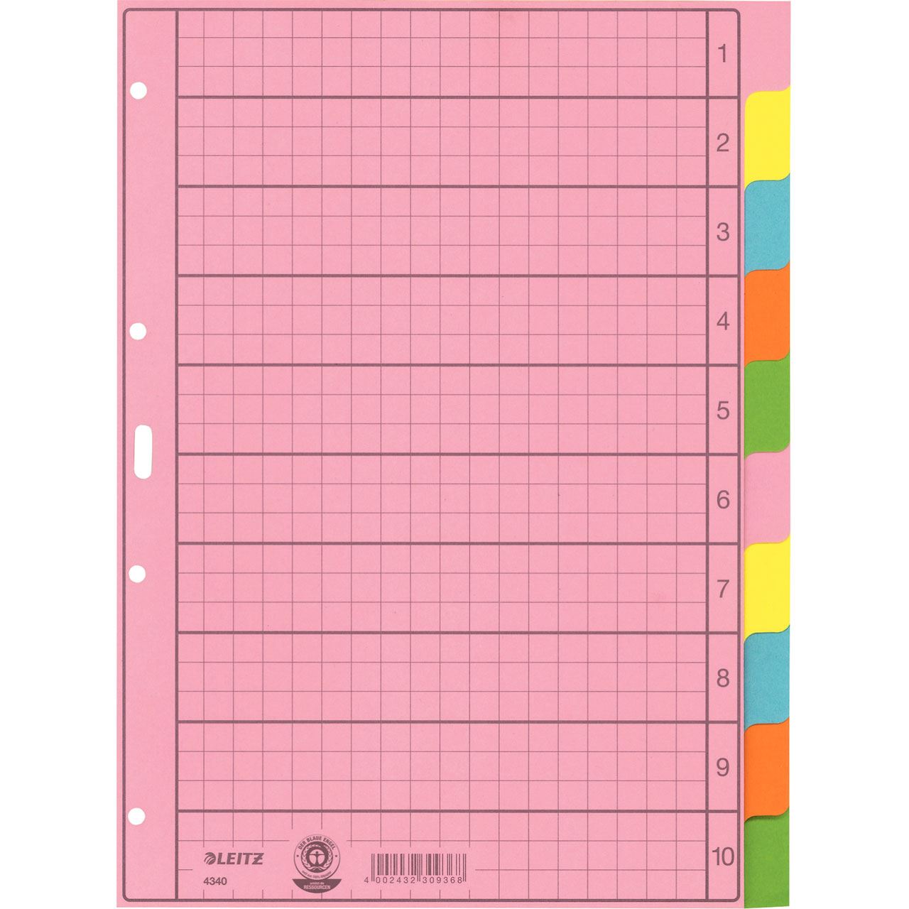 LEITZ Ordnerregister DIN A4 Vollformat blanko farbig 10-teilig, 1 Satz Papier