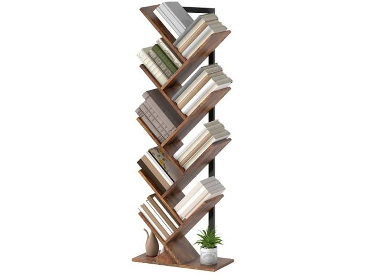Bibliothèque arbre étroite EVRYAE 50 x 24 x 136 cm 9 étagères sur pied bois et métal brun rustique