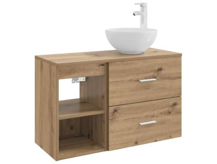 KUPTYERFG 2-Teiliges Badezimmermöbel-Set Wandmontage Artisan-Eiche Praktische Wandkombination fürs Badezimmer aus robustem Holzwerkstoff mit Unterschrank, Beistellschrank und Bohrern.