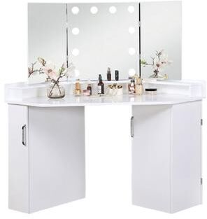 Benjara Laura Vanity Desk Set, 3 Panel Mirror, 10 Light Bulbs White Solid Wood