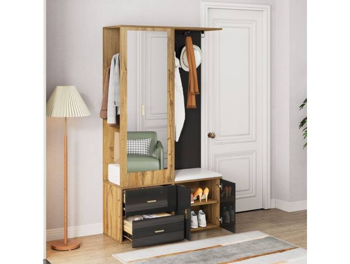 Porte manteau miroir + meuble à chaussures + tringle à vêtements rétractable Noir