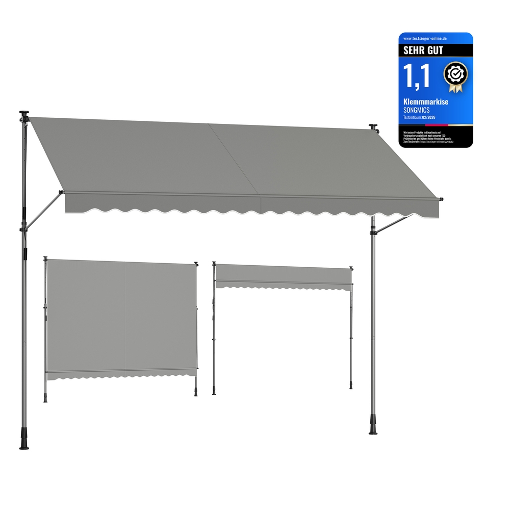 SONGMICS Klemmmarkise mit Handkurbel 350 x 120 cm grau GSA352G01