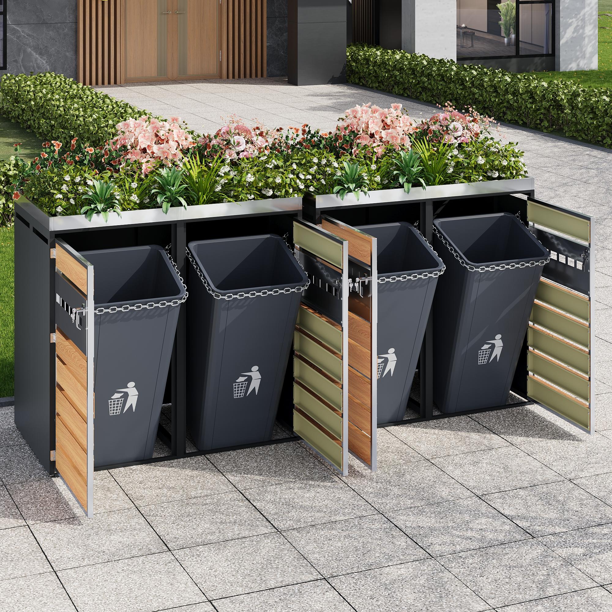 okwish Mülltonnenschrank Abschließbar mit Pflanztrog Belüftet mit Vier Fächern Für Garten und Einfahrt Aus Stahl Grau Holzoptik
