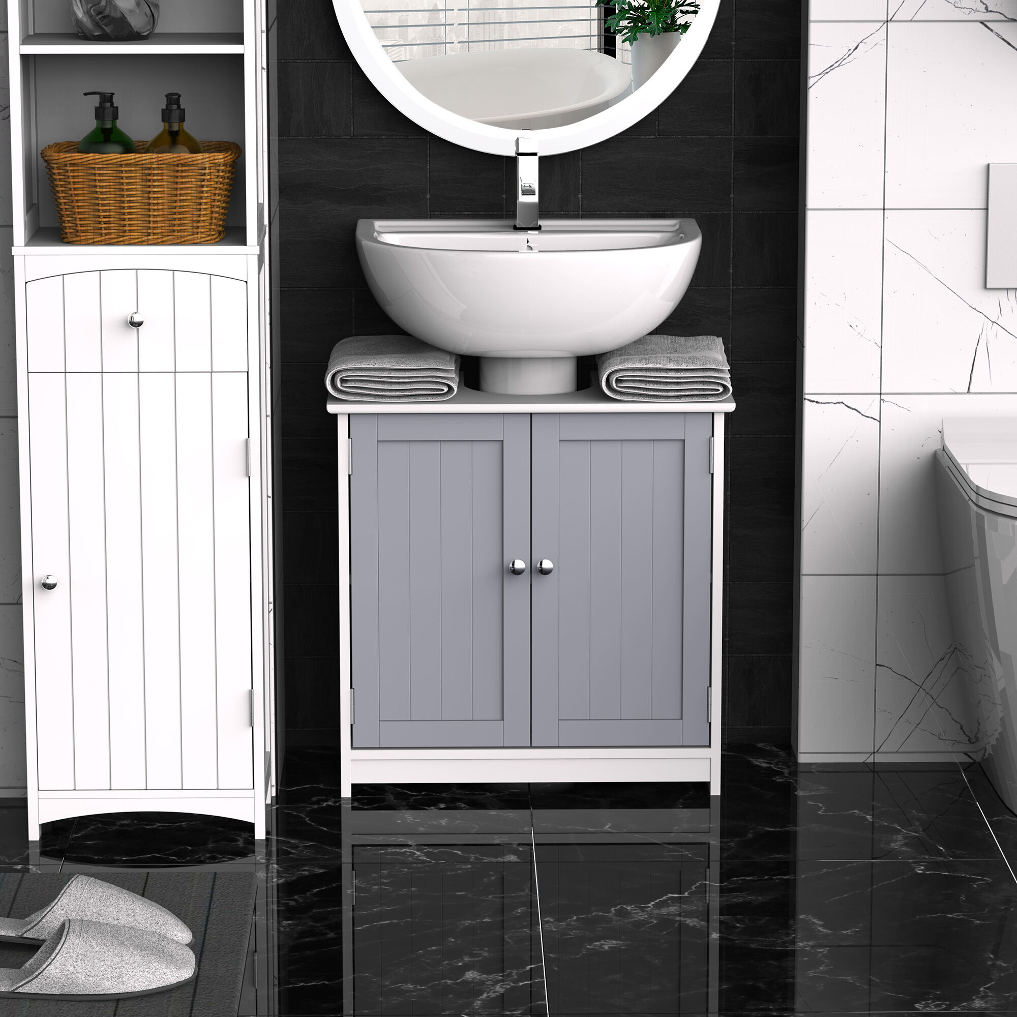 Altro Mobile Sottolavabo Per Bagno Con Ripiano Regolabile, Mobiletto Sottolavabo Con Intaglio A U, Mobile Bagno Moderno E Salvaspazio, Adatto A Lavabi A O