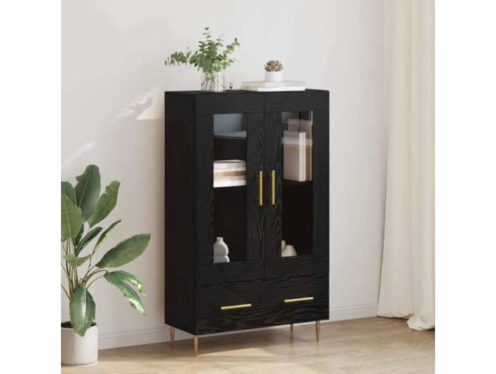 RJPLMFV Oberschrank mit Schublade, Eiche, Schwarz, 69,5 x 31 x 115 cm Holzwerkstoff, Türen aus Glas, mehrere Regale, Füße aus Metall, kippsicher