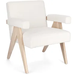 Sessel Faiza aus Stoff, skandinavischer Stil, weiß und elfenbein, gepolstert, Gestell natur