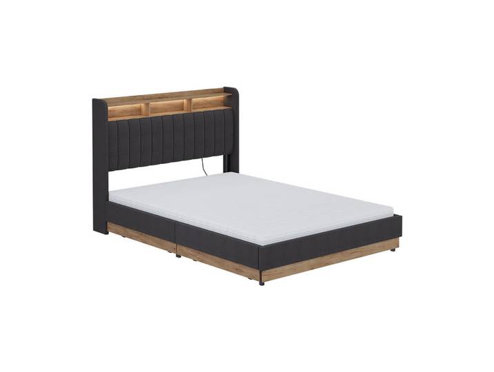 VitaliSpa Polsterbett Nura Anthrazit 140x200 cm mit 4 Schubladen, Anthrazit, Eichefarben, Holzwerkstoff, Rechteckig, Schlafzimmer, Bett