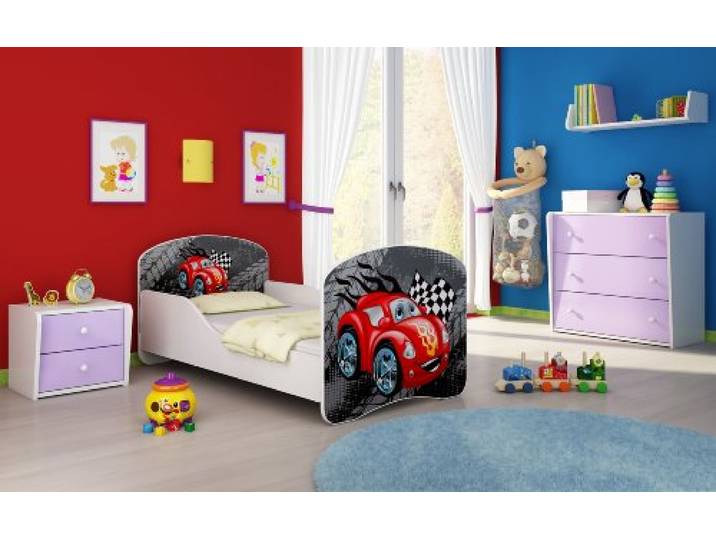 ACMA I Kinderbett 160x80 Jugendbett Komplett mit Matratze Lattenrost Weiß, stabil, Kinderzimmer Bett, Jugendmöbel Design 04 Rote Auto