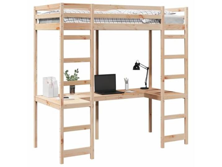 KTHLBRH Hochbett Kiefer massiv Natur 75 x 190 cm Mit integriertem Schreibtisch, Schutzseiten, Leiter inklusive, für Schlafzimmer