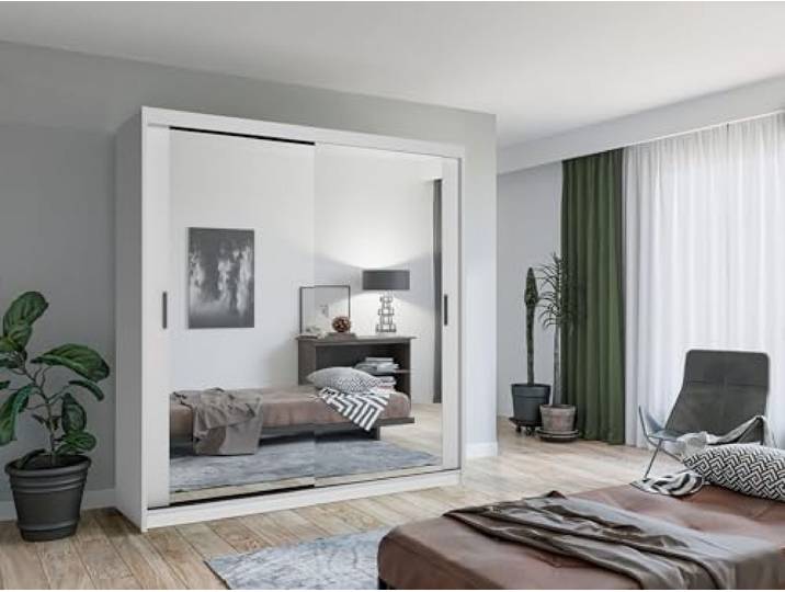 Krudox LUX Weiß Schiebetürenschrank Kleiderschrank 203x216x62 cm mit Spiegel - Schlafzimmermöbel, Aufbewahrung – Mehrzweckschrank mit 4 Kleiderstangen