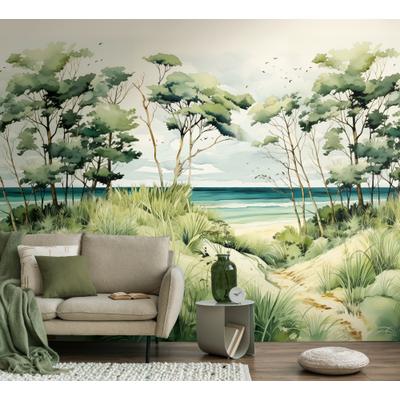 Fototapete LIVING WALLS "The Wall 4 Botanic – Tropische Strandlandschaft Vlies-Fototapete", grün (blau), B:2,65m H:0m L:2,8m, Vinyl, Vlies, Tapeten, Tropische Strandlandschaft mit atmosphärischer Tiefe