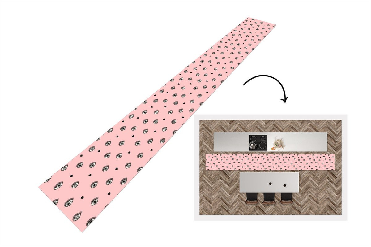 Keukenloper met Meisje en Ogen ogen patroon in Roze - 480 x 60 cm