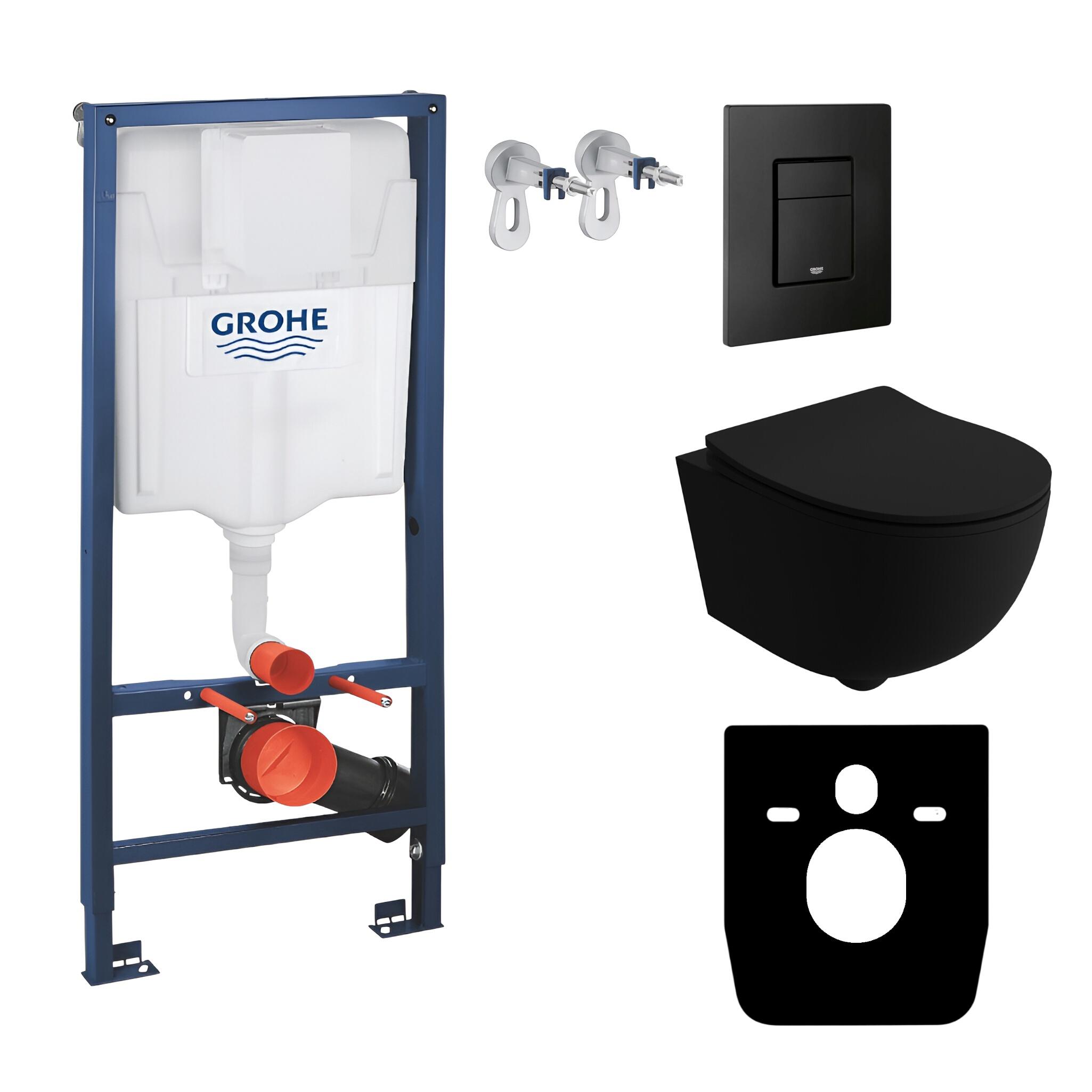 GROHE Vorwandelement Solido + Wand Hänge WC Brava Schwarz Spülrandlos + WC-Sitz SoftClose | Schwarzer Knopf | Komplettset | Unterputz Spülkasten | Toilette Komplett Sett