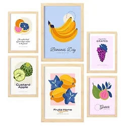 POSTER Set Mit 6 Lebensmittel Und Ernährungs Tropisch Und Fruchtig Natur Und Ernährungs Für Innenarchitektur A3 & A4 Rahmen Aus Hellem Holz