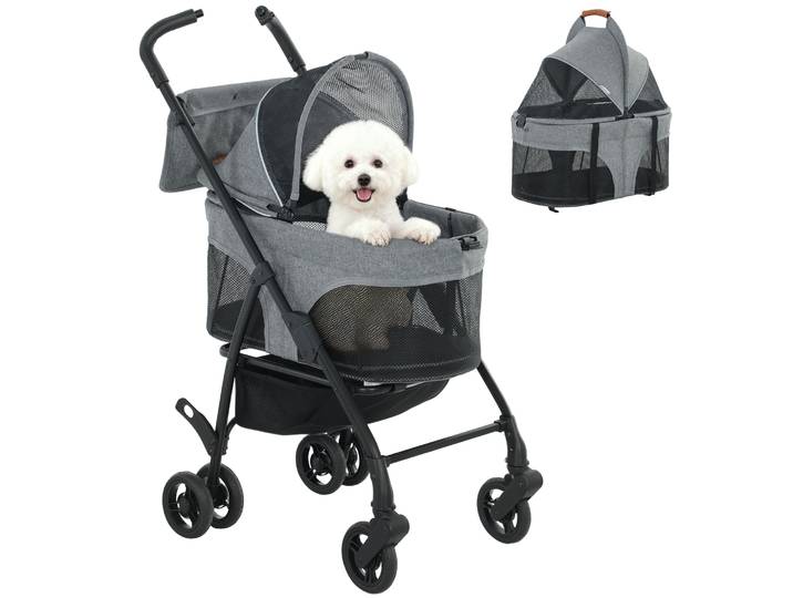 PawHut Poussette pour Chien 3 en 1 Détachable - Pousse-Chien Pliable avec Nacelle Amovible et Sans Fermeture Éclair - Suspension