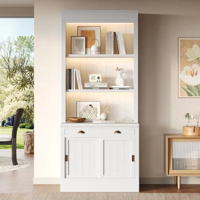 Kodotan sofa "83.4"" Tall Bookshelf with 3-layer LED Lightings, Modern Bookcase with Sliding Doors and Open Shelves,Storage Bookshelf"
