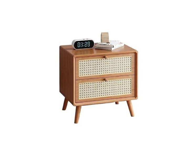 AZHKJKZH Nachttisch Rattan Nachttisch Holz Aufbewahrungsschrank Mit Doppelschubladen Wohnzimmer Schlafzimmer(Light Brown)