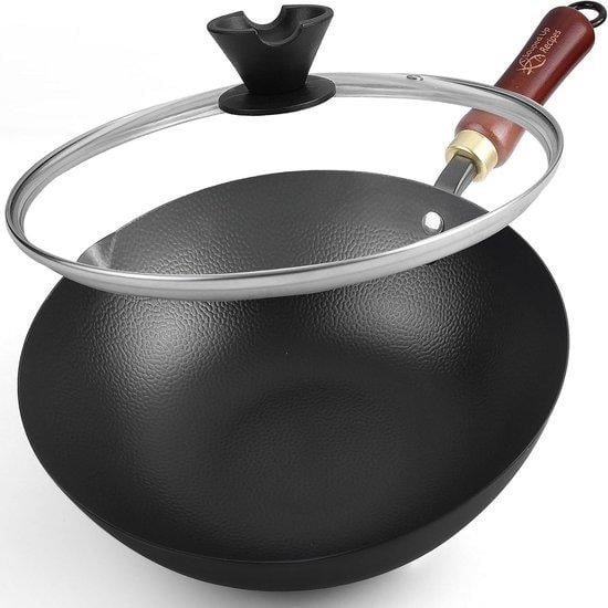 WAN 10 Inch Carbon Steel Wok met deksel voor elektrische, inductie en gasfornuizen