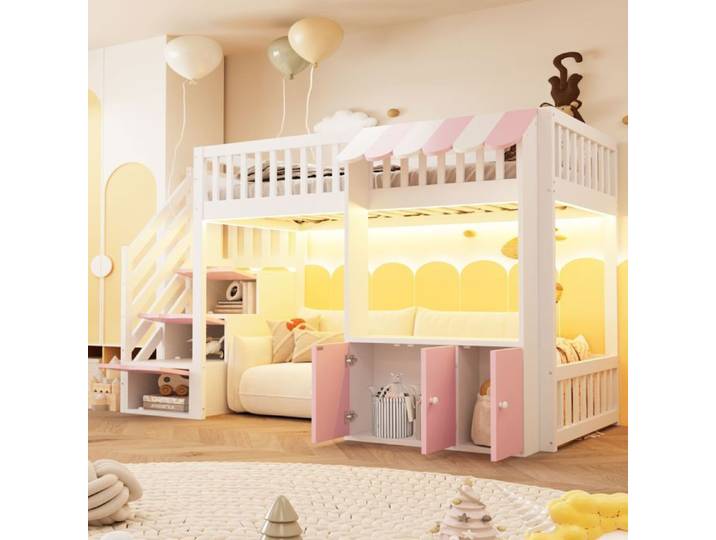 Lit mezzanine enfant 90x200 cm rose LED rangement