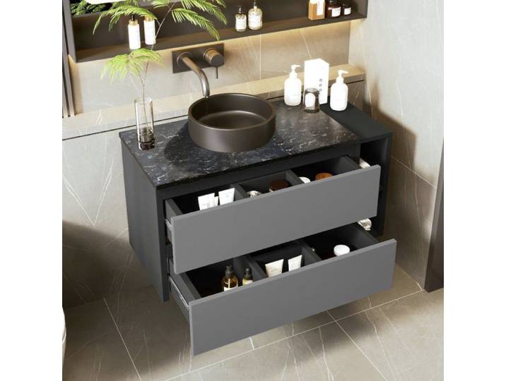 Meuble vasque mural - LANGTU - 80 cm - Vasque céramique - Tiroirs - Noir et gris