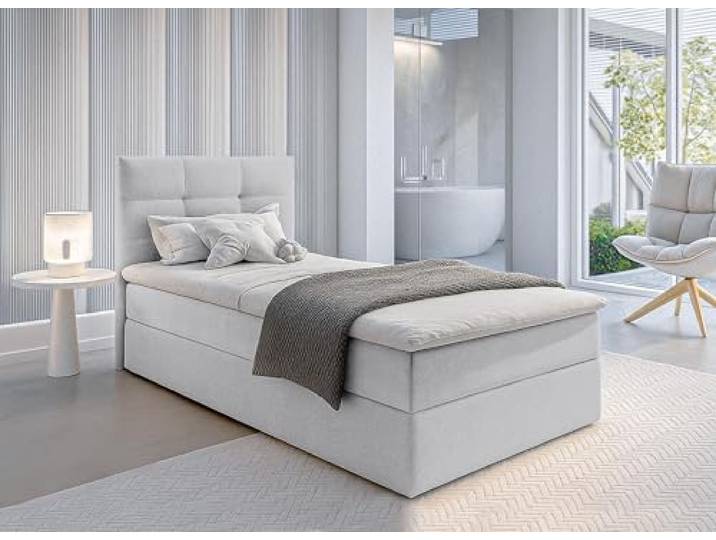 AX Living Stauram Boxspringbett Grau Geceteni 90x200 Bett Gasfeder Bonellfederkern + Schaumstoff. Liegefläche: 90 × 200 cm. Boxspringbett Grau mit Bettkasten. Gepolstertes Kopfteil.