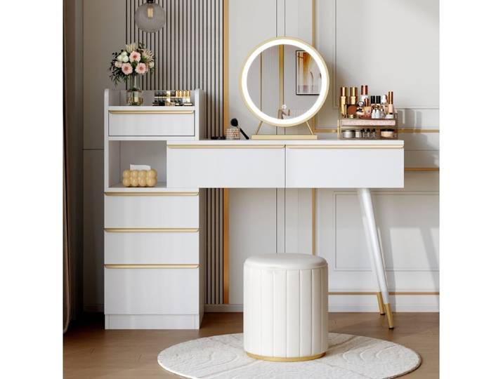 WUVRIE Coiffeuse avec miroir LED tablette coulissante 6 tiroirs poignées dorées blanc