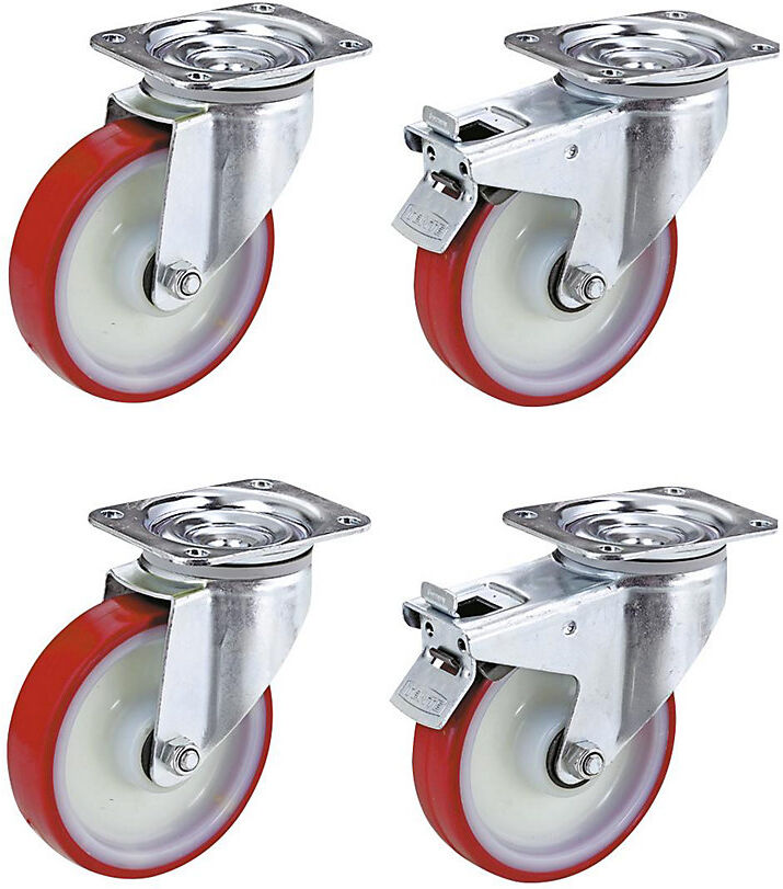 Set aus Polyurethan-Reifen auf Polyamid-Felge, 2 Lenkrollen, 2 Lenkrollen mit Doppelstopp, Rad-Ø x Breite 100 x 32 mm TENTE