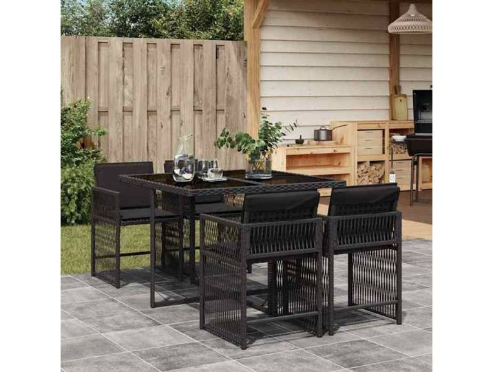 Noir Ensemble à manger de jardin coussins 5pcs Noir Résine tressée - Salons de jardin H4431