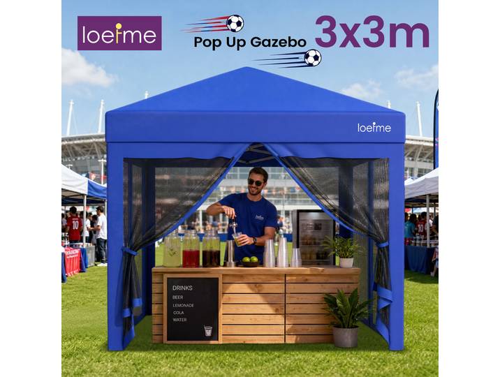 LOEFME Tonnelle Pop-Up 3x3M avec Murs en Maille, Imperméable, Protection UV, Tente Instantanée, Abri Extérieur Portable pour Événements Sportifs, Fêtes, Patio, Jardin, Camping, Stand de Marché
