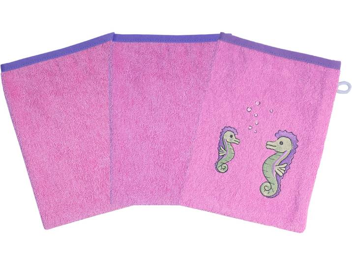 Waschhandschuh WÖRNER Seepferdchen , flieder, B:15cm L:21cm, Frottee, Handtücher, Waschhandschuh, 3er-Set, mit Stickerei