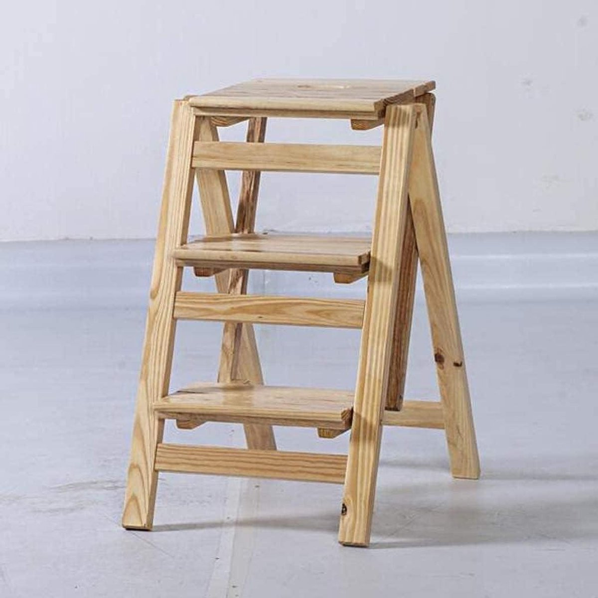 Multifunctionele houten stapkruk en ladderstoel in bruin met 2 of 3 treden