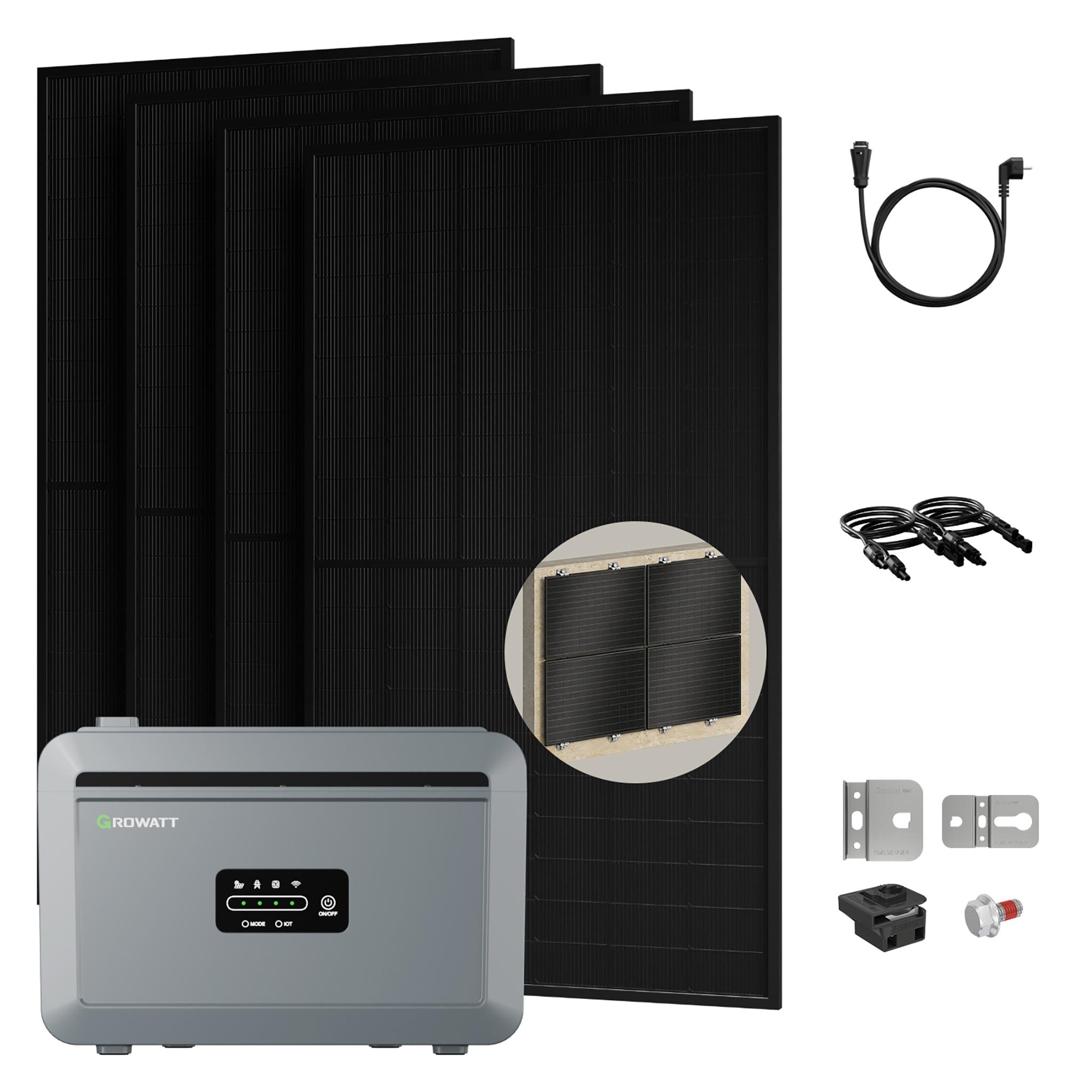 Powerness Balkonkraftwerk mit Speicher, Growatt NEXA 2000 Speicher mit 4x 500W Bifazial Solarmodule und 4x Fischer Fassadenhalterung (0% MwSt)