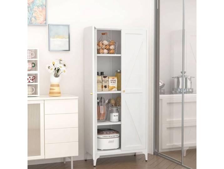 Armoire de rangement en métal blanc 165 cm 2 portes meuble de cuisine Norevia