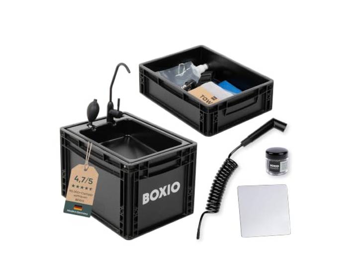 BOXIO - WASH Max+: Mobiles 40x30 Camping Waschbecken Komplettset Filter System, Campingdusche, Reinigungsperlen & Spiegel: Spülbecken mit Pumpe ohne Strom, Camping Zubehör in Eurobox
