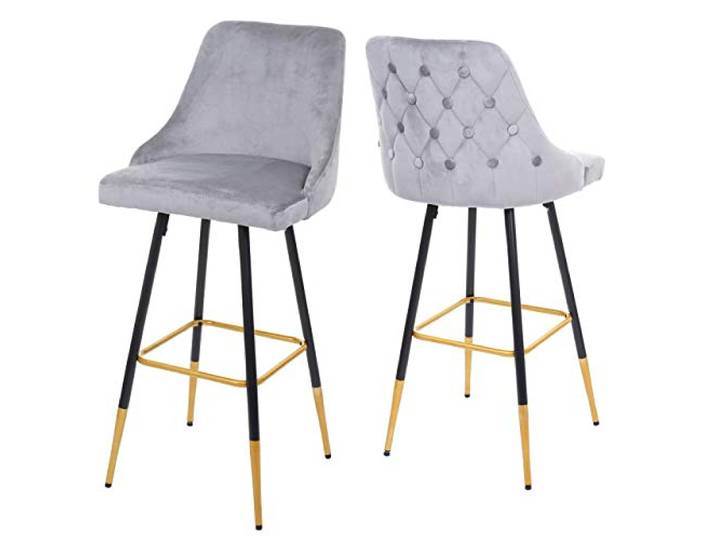 Mendler 2er-Set Barhocker HWC-E70 Retro Design Samt - grau