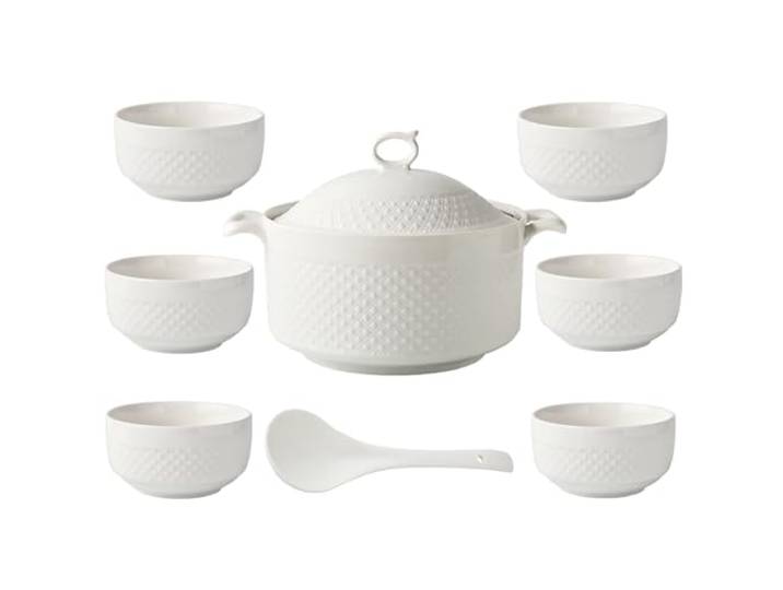 NNYCC Suppenterrine mit Schüsseln, Porzellan Suppen Servierschüssel mit Deckel und Schöpfkelle weißes Geschirr-Set für Zuhause Küche Restaurant,3.6l+6