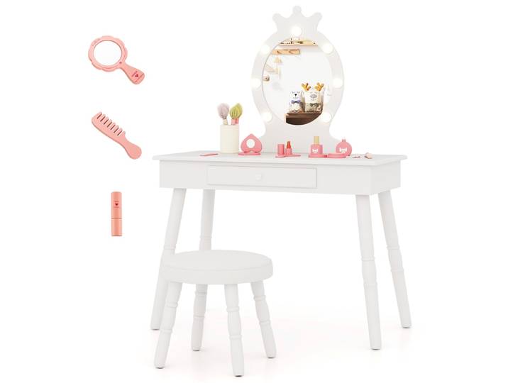 Kinderkaptafel Set met Verlichte Spiegel Tafel en Kruk Set met Verstelbare Verlichting Grote Lade Gestoffeerde Kruk-Wit