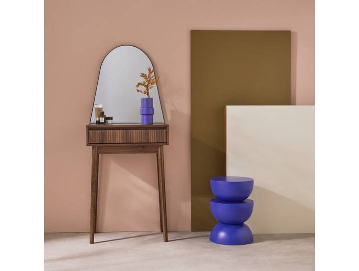 Schminktisch Holzoptik, abgerundeter Spiegel 60 cm, Nussbaum