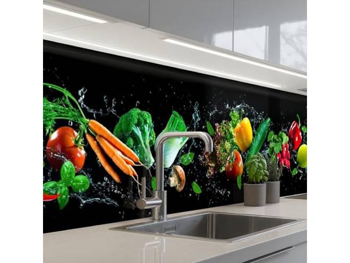 KitchenYeah© Küchenrückwand Selbstklebend Küchenspritzschutz Rückwand 60x300 cm - Wandschutz Ohne Bohren Spritzschutz Wand Wandverkleidung Gemüse - Spritzer - Schwarz