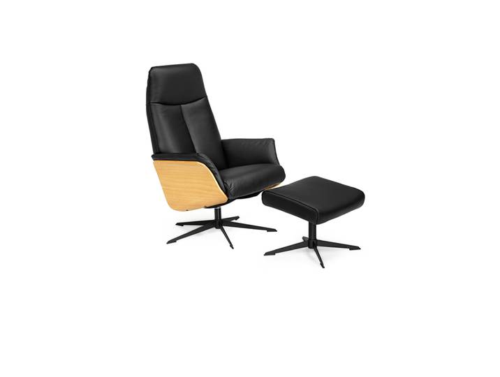 Ledersessel mit Hocker SOLEDA 2-teilig schwarz /Eiche