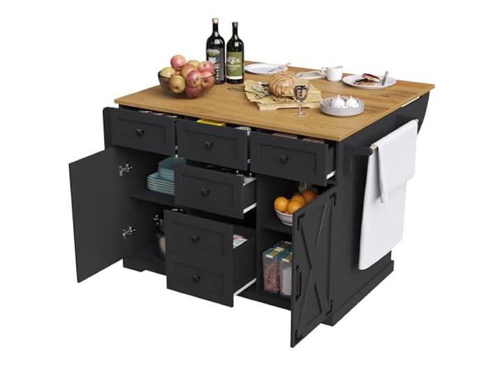 FammyLoft Kücheninsel auf Rollen, Kücheninsel mit Klappbarer Arbeitsplatte, 6 Schubladen und Schrank, Küchenrollwagen mit Holzmaserung für Küche, Esszimmer, Mobiler Buffetschrank, Schwarz