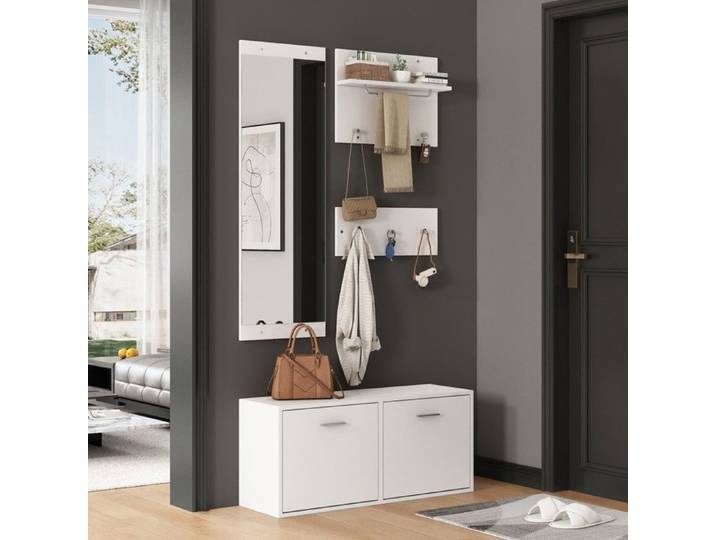 Meuble Entrée Penderie Entrée 4pcs Blanc 90x30x41.5cm - Miroir Étagères Chapeaux Meuble à Chaussures 6 Patères