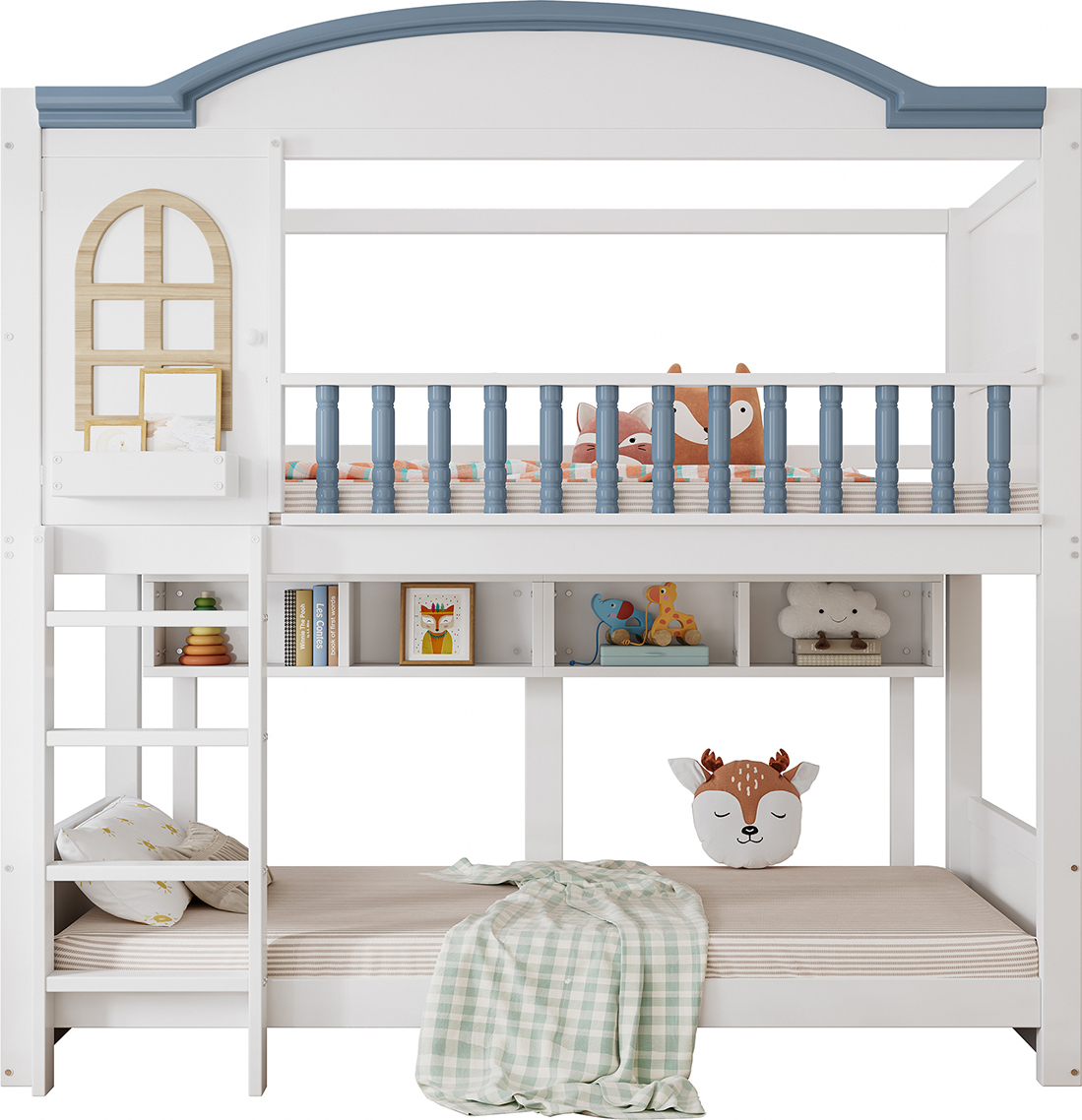 Etagenbett mit Fallschutz und Gitter Dach und Fenster Vierstufiger Leiter Kinderbett Hausbett Jugendbett 90x200cm Weiß+Blau