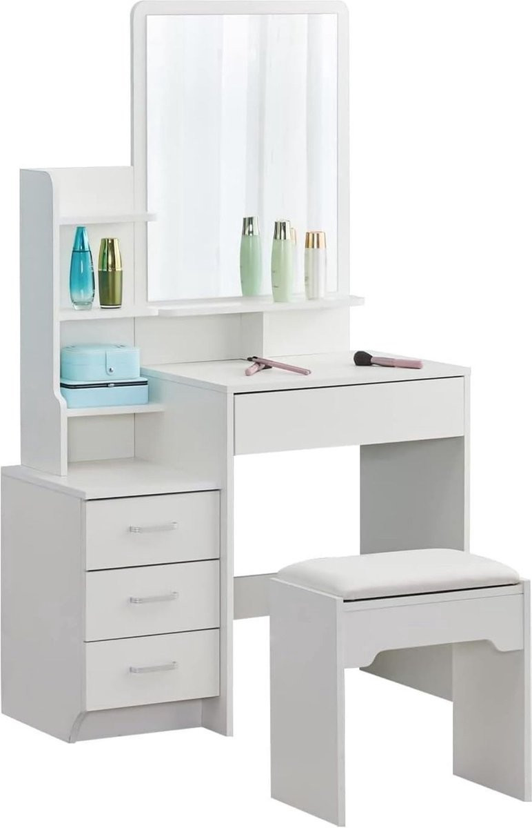 Thuys Luxe Kaptafel met Verlichting, Spiegel en Kruk in Wit