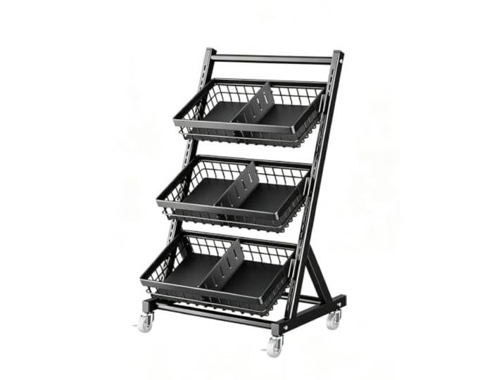 Dexinhdh Rollbarer Verkaufsständer für Snacks Metall-Obstkorb und Gemüseständer für Supermärkte, Convenience-Stores und Gewerbebetriebe(Black,A)