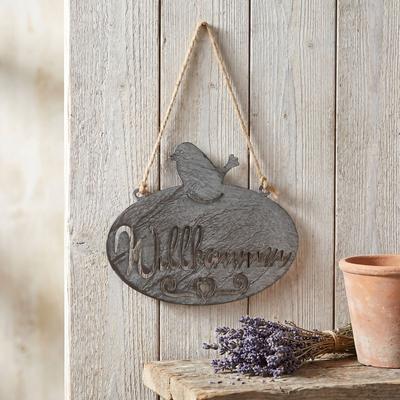 Gartenstecker AMBIENTE HAUS "Willkommen Schild mit Vogel (B) 20cm", grau, B:24cm H:34cm, Metall, Gartenstecker, zum Aufhängen mit Schnur für Innen- u. Außenbereich